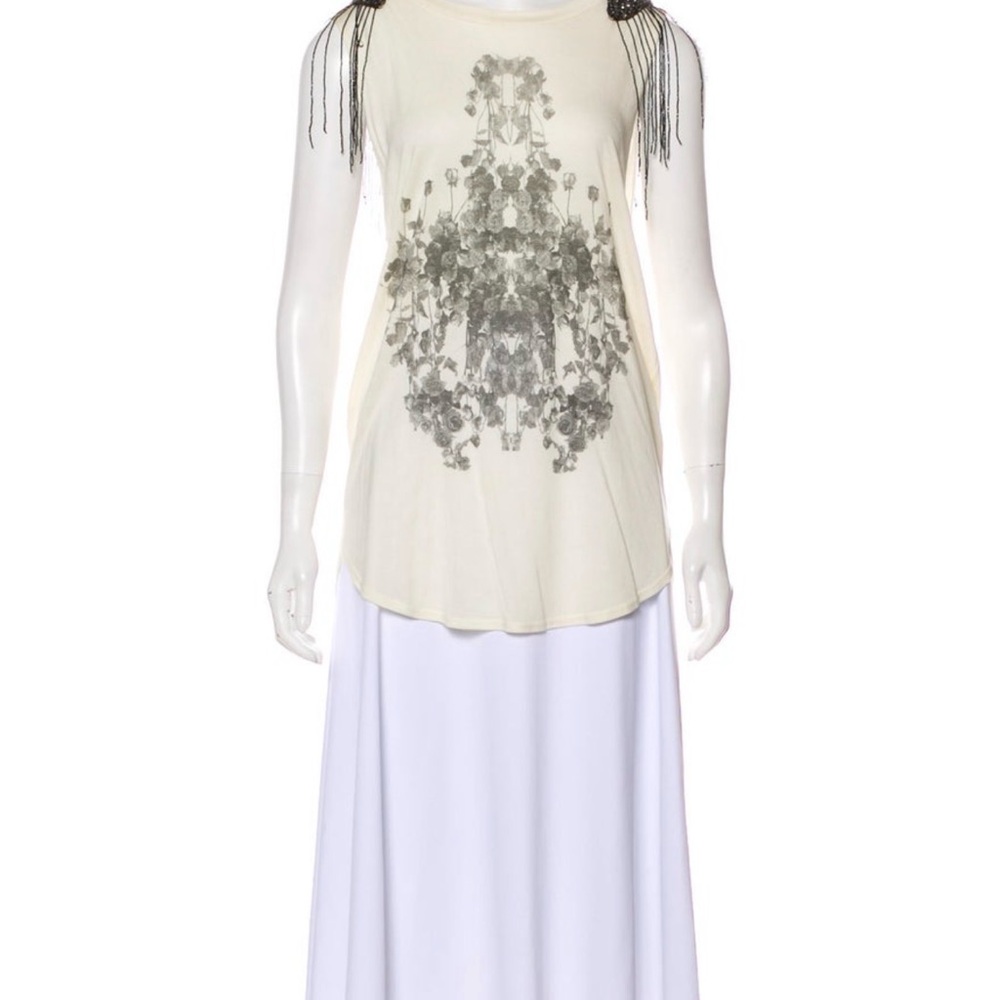 Haute Hippie Cream Graphic Sleeveless Tank with Black Beaded Fringe Shoulders